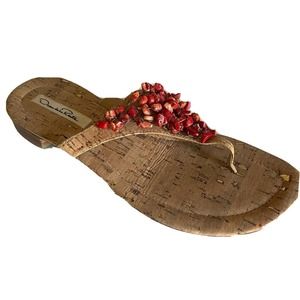 Oscar De La Renta Sandal Thong Slip On Flip Flop Flat Cork Embellished B…